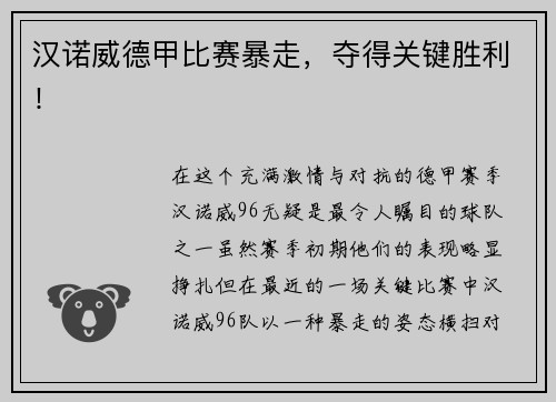 汉诺威德甲比赛暴走，夺得关键胜利！
