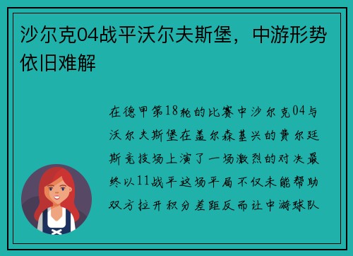 沙尔克04战平沃尔夫斯堡，中游形势依旧难解