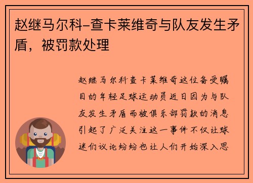 赵继马尔科-查卡莱维奇与队友发生矛盾，被罚款处理