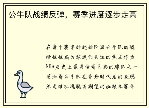 公牛队战绩反弹，赛季进度逐步走高
